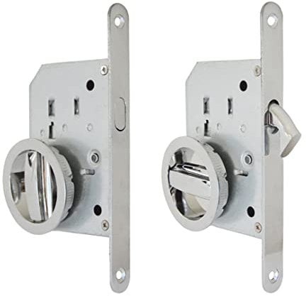 BricoShopping® Set de poignées pour porte intérieure en bois à compartiment coulissant kit avec serrure encastrée crochet clé et cliquet aveugle rond embout acier (rond C/serrure, chrome brillant)