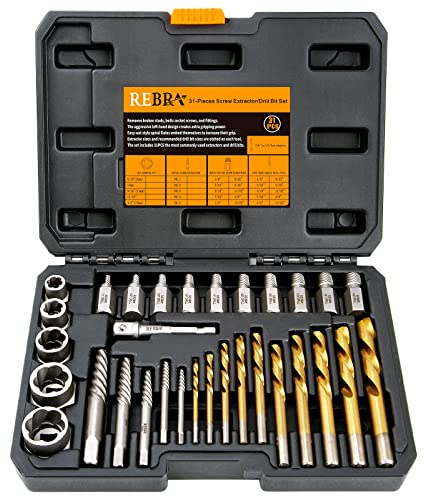 REBRA Juego de 31 extractores de tornillos y pernos y kit de brocas para mano izquierda, extractores multiestrías, herramienta de extracción de tuercas rotas fácil de sacar para pernos pelados,