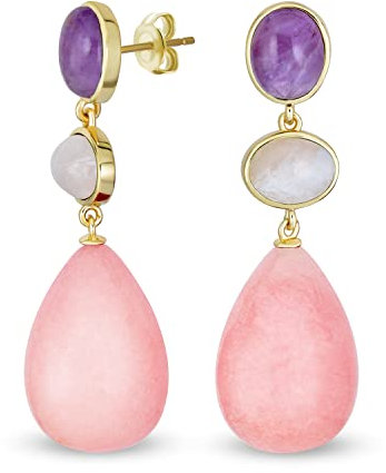 Unique Geometric Multi Shape Oval & 3 Multi-Tier Dangling Natural Gemstone Tri-Color Amethyst Rose Quartz Teardrop Ball Party Earrings for Women in Yellow Gold Plated
