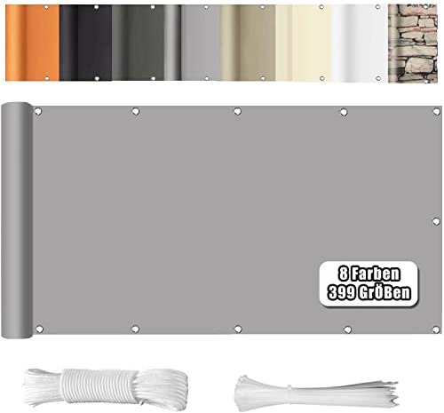 WEALSFUN Balkon Sichtschutz Balkonabdeckung (390Größen & 8 Farben) Balkonverkleidung Ohne Bohren blickdichte Wind UV-Schutz mit Ösen Kabelbinder Kordel,75X500CM Hellgrau