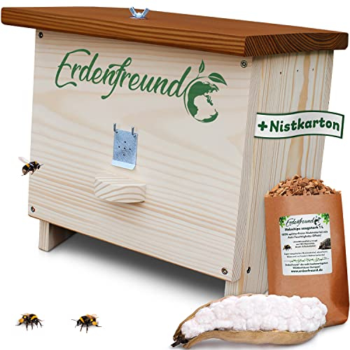 Erdenfreund® Hummelhaus mit Wachsmottenklappe und Räuberschutz Dachverschluss Hummelhotel + austauschbarer Nistkarton, Natur-Nistmaterial & Anleitung