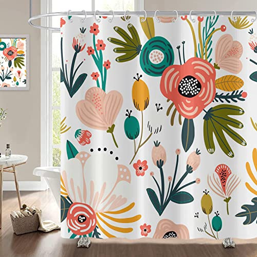 Hnmdmyi Duschvorhang Boho Blumen 180x200, Böhmische Blumen Tropische Blätter Bunte Badewanne Vorhang Abstrakt Mid Century Modern Ästhetische Kunst Wasserdicht Polyester Stoff Waschbar Badevorhang