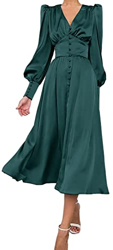 xxxiticat Damen Satin Midikleid Langarm Vintage Puffärmel Maxikleider Rüschen Einreihig Knopfleiste Einfarbigkleid (DN,M)
