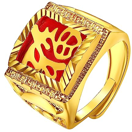 JewelryWe Herren-Ring Gold Ring Herren - Rot Glück Vergoldet Quadrat Siegelring Band Bandring Offener Daumen Fingerring verstellbare Größe Geschenk für Männer