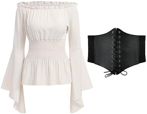 Mittelalter Bluse Damen Gothic Steampunk Korsett Oberteil Langarm Off Shoulder Viktorianisches Renaissance Kleidung Piratenkostüm Wikinger Kostüm Halloween Karneval Faschingskostüme Weiß+Gürtel L