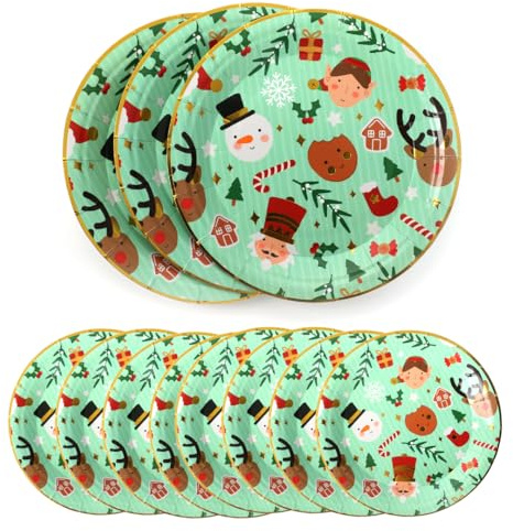 Christmas Plates Pack of 20 Green Plates with Christmas Character Pattern - Elf, Snowman, Reindeer - Fun Kids Party Table Decoration