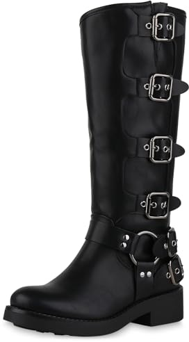 VAN HILL Damen Bikerstiefel Leicht Gefüttert mit Blockabsatz Schnallen Nieten