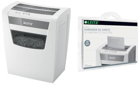 Leitz IQ Set Home Office S Aktenvernichter, 9-8 Blatt Kapazität (70-80 g/m²), Partikelschnitt, Sicherheitsstufe P4, 15L Abfallbehälter, Schredder, weiß, 80360000 + Leitz IQ Ölblätter 80070000