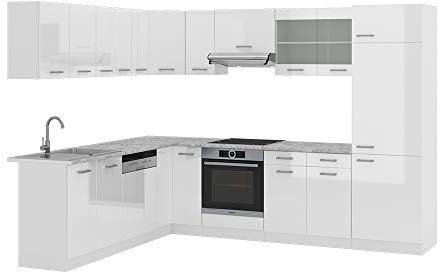 Vicco Eckküche R-Line, Küchenzeile in L-Form, Weiß Hochglanz/Weiß, 227 x 287 cm, AP Anthrazit