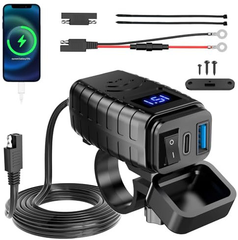 Prise USB Moto 12 V étanche, Chargeur Type-C et USB avec Interrupteur Marche/arrêt et Voltmètre LED, Prise SAE vers USB Quick Charge 3.0 USB-C pour Camping-Car Moto 12 V ~ 24 V (Type-C + USB-A)
