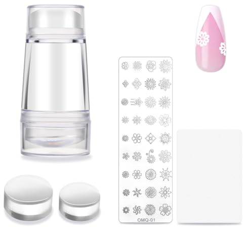 Bewudy Nagel Stempel Schablone Set, Blumen Nagel Stamping Stencils mit Doppelkopf Transparent Stempel und Scraper, French Nails Stempel Nagel Stamping Schblonen Platte für Maniküre DIY Nageldesign