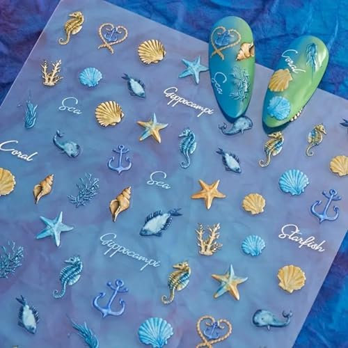 Irikdescia 2Pcs 5D Reliefierte Muscheln Und Seesterne Nageldekoration, Selbstklebend Meeresthema Nail Sticker, Nail Art Zubehör Nagel Deko Für Nagel Design Handwerk