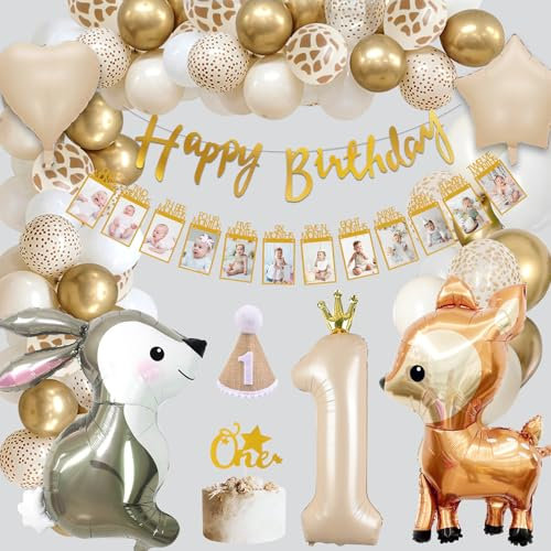 1. Geburtstag Junge Mädchen, Luftballon 1.Geburtstag, Geburtstagsdeko 1 Jahr Beige Gold Erster Geburtstag, mit Happy Birthday Girlande Fotogirlande Tortenaufsatz für Baby Kindergeburtstag 1 Jahr Deko