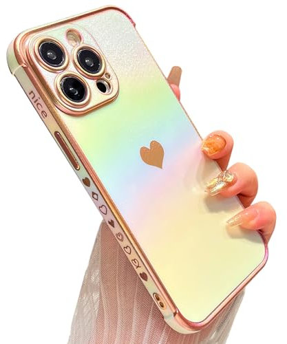 ZTOFERA Compatible with iPhone 13 Pro (6.1) Case for Girls Women, Luxury Fluorescent Iridescent Matte Silicone Case with Cute Love Heart Pattern Plated Rim Shockproof Cover, Iridescent White