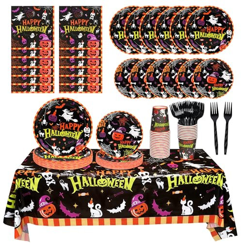 121Pcs Halloween Party Supplies Serves 24 Happy Halloween Pumpkin Witch Spider Web Bat Tableware Set with 1 Tablecloth, 7 Plates, 9 Plates, Napkins, Cups & Forks for Halloween Party Decorations