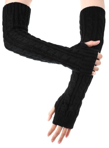 Prasacco 1 Pairs Arm Warmers, Long Fingerless Hand Warmer for Women Autumn Winter Knitted Arm Sleeve Warm Winter Sleeve Arm Warmers Fingerless Gloves for Women Adult(Black)