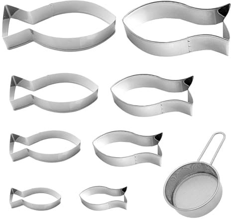 YSJCHEBS Set di 9 formine per biscotti a forma di pesce, in argento, con colino per zucchero a velo