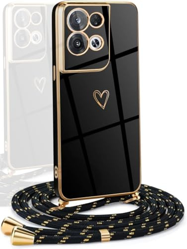 YAMCCCSE Cover per Oppo Reno 8 PRO 5G con Cordino,Elettrolitico Cuore Custodia per Oppo Reno 8 PRO 5G con Tracolla,Antiurto Donna Cuore Cover per Oppo Reno 8 PRO 5G Cordino,Nero