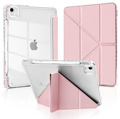 MuyDoux Coque Origami pour iPad Air 6 11 Pouces 2024 / iPad Air 4 5 2020/2022 10,9 avec Porte-Stylet, 5-en-1 Multiple Angles de Vue, Étui Housse ArrièreTransparente Claire Antichoc, Rose