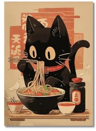 RONGCH Wandbilder auf Leinwand Kawaii Japanische Ramen Tier Katze Leinwand Drucke Gemälde Home Decor Nudeln Essen Wand Kunst Poster Küche Zimmer Dekoration(G,20x30cm)