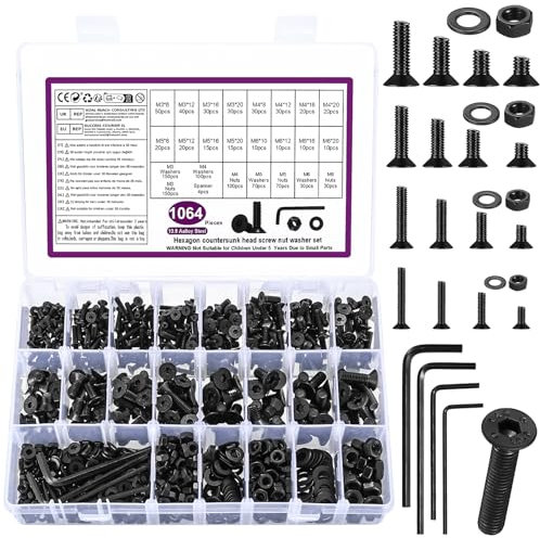 1064 Pz M3 m4 m5 m6 Set di Viti Bulloni e Dadi Set, Viti Bulloni a Testa Piatta, Vite a Testa Svasata e Dadi e Rondelle, Viti a Testa Piatta con Esagono Incassato, Viti Bulloni a Testa Esagonale/Nero