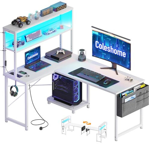 Coleshome L Shaped Gaming Desk with LED Lights & Power Outlet, 115 × 80 cm Reversible Computer Desk with Shelves, Corner Desks with Storage Bag & Hook for Home Office, White