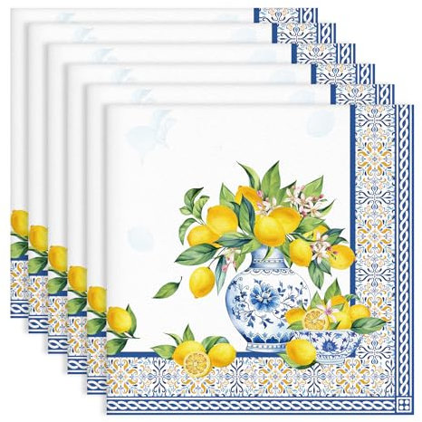Arquiel Servietten Blauer Zitrone 6er-Set, Stoffservietten 100% Baumwolle Dekoratives Weiches Wiederverwendbare Esstisch Servietten für Hochzeiten Küche Haushalt Frühling/Sommer(45×45cm)