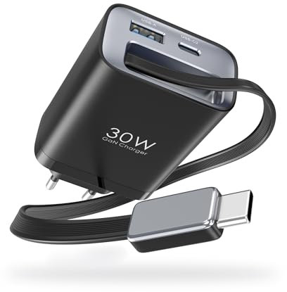30W USB C Charger with Retractable Fast Charging Cable, 3-Port USB-C Power Adapter with 85CM Charging Cable for iPad Pro/Air, for iPhone 16/15/14/13 Pro Max, Galaxy S24/S23 Ultra, Pixel (Black)