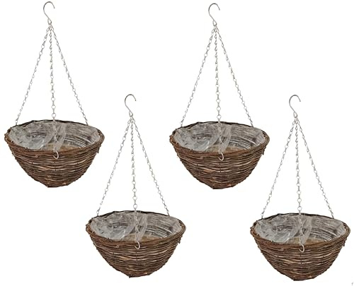 Quickdraw 4 x Rattan Hanging Baskets 14” – Round Outdoor Planters with Liner & Chains – Weather Resistant Wicker Basket Flower Pots for Garden Plants & Flowers