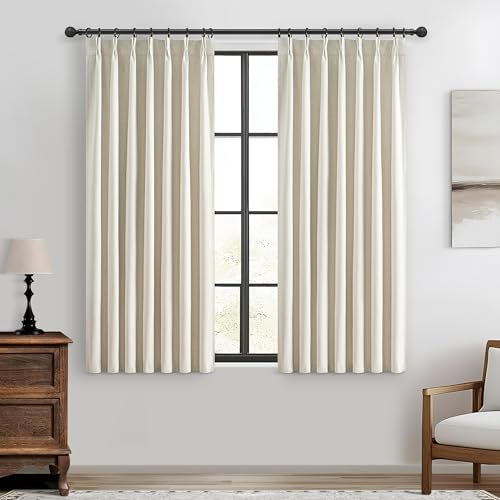 Isolierte Thermo-Vorhänge, plissiert, 114 cm Länge, Verdunkelungsvorhänge, Flachs, Leinen, 2 Paneele, Set für Badezimmer/Keller/Küche, Vorhang für kleines halbes Fenster, Hellbeige