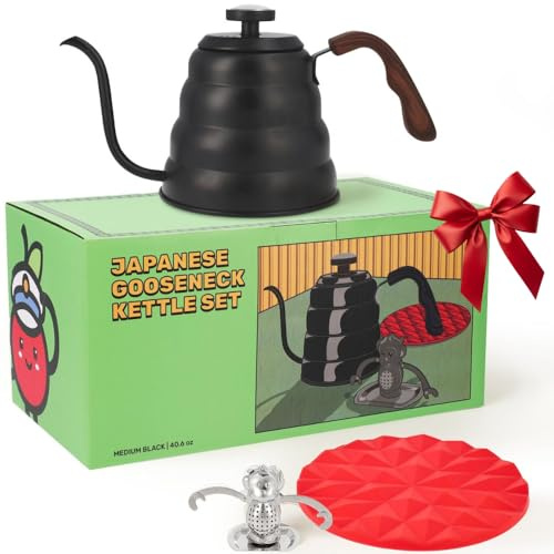 Captain Cranberry Gooseneck Kettle, Stovetop, Thermometer, Black, 40.6oz | Pour Over Coffee and Tea, 1200ml, Stainless Steel, Insulated Handle, Precision Spout, 4 Piece Set, Camping