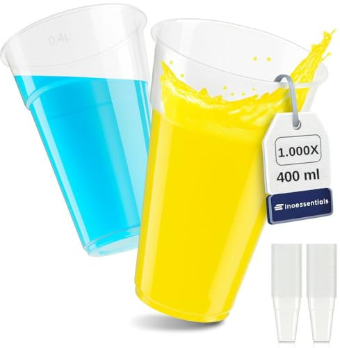 Inoverse 1000 vasos de plástico, 0,4 L, transparentes, vasos de plástico, vasos de cerveza, vasos de plástico, vasos para fiestas, vasos de agua, vasos de granizado