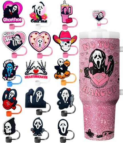 15PCS Halloween Straw Toppers for Stanley Cups,10mm 0.4in Silicone Reusable Ghost Straw Covers Cap Compatible with 30&40oz Tumbler with Handle, Funny Tumbler Accessories for Halloween Gifts