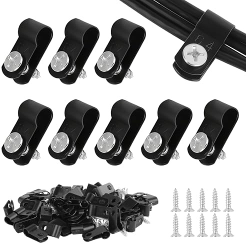 100 Stück Schwarze R-Kabelklemmen, 0.25 Zoll Nylon Kabelhalter Schraubbar, Kabelschellen Schraubbar Kit mit 100 Stück Schrauben, Cable Clips zum Schrauben für Draht Kabel Schlauch (6.4 mm)