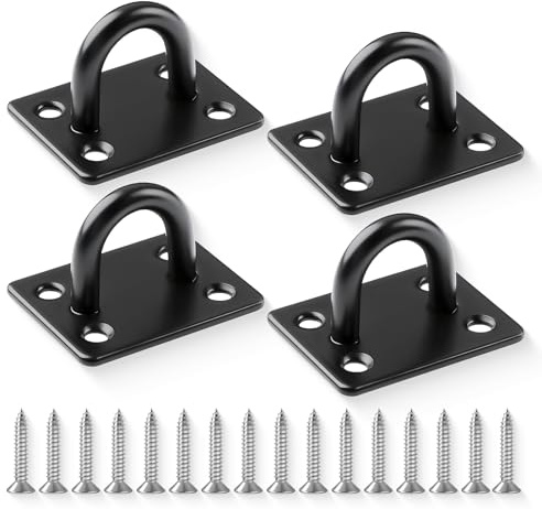 Hawpasy 4PCS M6 Eye Plate Heavy Duty, Stainless Steel M6 Oblong Pad Eye Plates Black Staple Ring Ceiling Hooks Marine Hardware with Screws, U-Shaped Ring Hook for Wall Ceiling, Line Suspension etc.