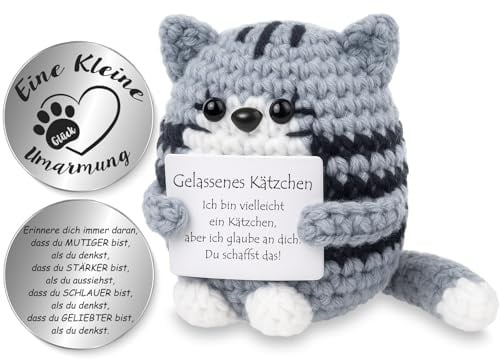 Tixlux Pocket Hug Positive Katze, Kreative Strickwolle Katzen Figur und Kleine Umarmung Glücksbringer, Geschenke zur Einschulung, Ermutigungs Geschenk, Gute Besserung, Einschulung Geschenk