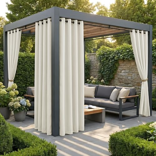 PONY DANCE Outdoor Gardinen Wetterfest 4er Set Outdoorvorhänge für Sichtschutz & Sonnnenschutz Balkon Vorhang Wasserdicht Outdoor Vorhang mit Ösen, H 213 x B 132 cm, Hellbeige