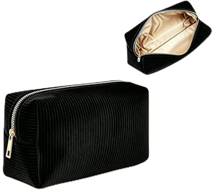 Small Makeup Bag, Corduroy Travel Cosmetic Bags | with Metal Zipper, Portable Makeup Pouch for Brushes & Skincare, Gift for Women & Teens, 18x11x7cm (Black)