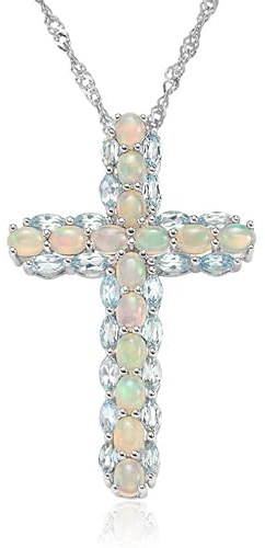 Sterlingsilber-Kreuz für Damen, natürliche Opal- und Turmalin-Edelsteinkette mit Anhänger, 45,7 cm, echte Geschenke für Mädchen, Silber, hergestellt