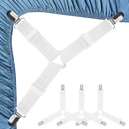 Lot de 4 tendeurs de drap de lit, fixations réglables, avec clips en métal, tendeurs de drap de lit, tendeurs de matelas blancs
