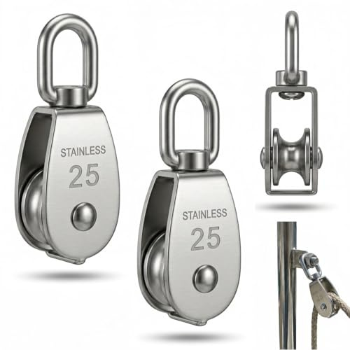 2 Stück M25 Einzel Umlenkrollen für Seile für Sonnensegel Fitness Seilwinde | Draht Umlenkrolle Klein mit Kugellager, Seilrolle Umlenkrolle Edelstahl 304 360° Drehung, Sichere Tragfähigkeit Bis 140 Kg