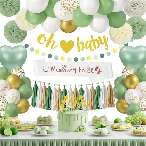 AOOHA Decoración Baby Shower para Bebés Niñas Niños, Globos de Cumpleaños | Verdes Salvia Oro, con Mummy to Be Bufanda, Oh Baby Banner, Cake Topper para Decoración de Fiesta, Revelación de Género