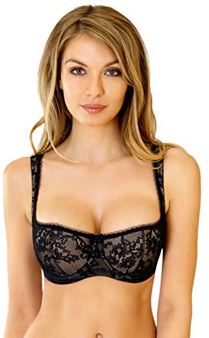 Rosme Women's Balconette Bra with Push Up Effect – Plus Size Sexy Lace Demi Half Cup Bra – Lightly Padded Underwired Low Cut Mesh Design Eliza, Black, Size 34DD