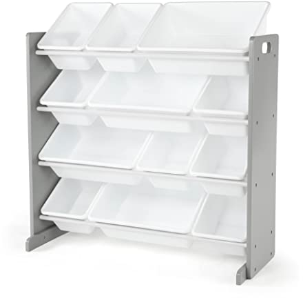 Humble Crew Inspire Wooden Toy Storage Organiser for Children, with 12 BPA Free Plastic Removeable Storage Bins, Ideal for Storing Toys, Games, Books and Craft Supplies - Grey/White