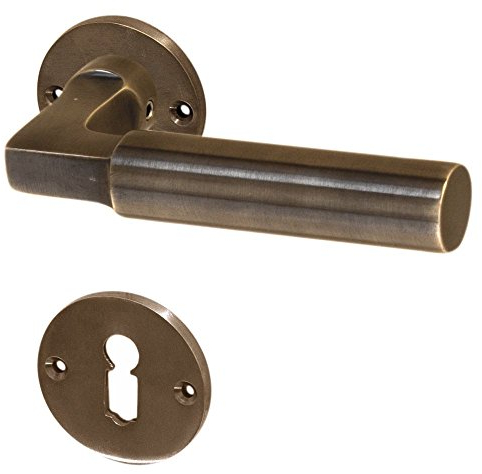 Gussmeister Türdrücker-Rosettengarnitur antik für Zimmertüren im Stil des Bauhaus; Modell Blumenthal A, Messing dunkel antik