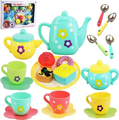 20 Piece Kids Pretty Flower Tea Set Party & Cake Play Set Teapot Role Pretend Toy