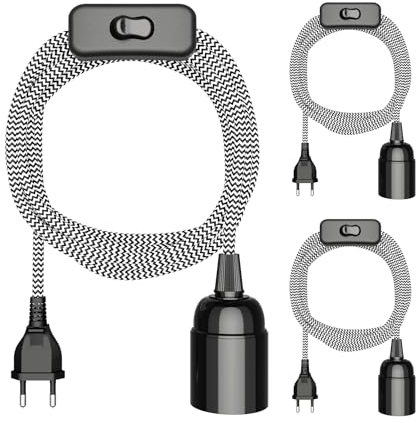 ledscom.de 3 Stück Textilkabel LEHA, Stecker, Schalter, schwarz, weiß, gezackt, 3 m, Lampen-Fassung, 1x E27 max. 60W
