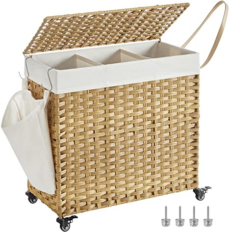 SONGMICS Laundry Hamper with Lid, 37 Gallons (140 L), Rolling Laundry Basket with Wheels, 3-Section Synthetic Rattan, Removable Liner, Bedroom, 26 x 13 x 26 Inches, Natural ULCB363N01