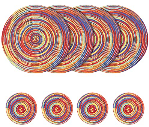 Set di 4 tovagliette rotonde intrecciate, tovagliette in cotone da 38 cm e sottobicchiere da 11 cm, tovagliette lavabili resistenti al calore per cucina, tavolo da pranzo (Rosso)