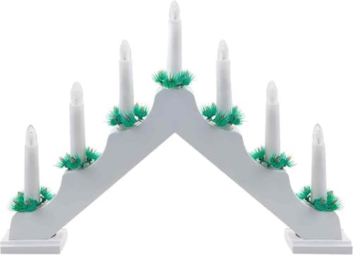 VFM - White Wooden Candle Bridge 7 Led Battery Powered Traditional Christmas Decoration Light for Window Sill Or Mantlepiece with Festive Foliage Trimming